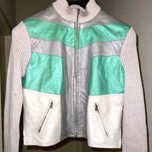 Retro Silver and Teal Lather / Fabric Moto Jacket